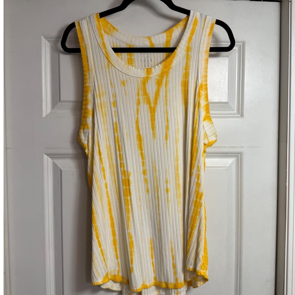 Member's Mark Womens XL Yellow White Tie Dye Rib Cutaway Tank Top Sleeveless